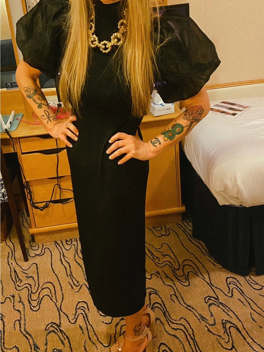 Antonio Melani Classic Black Puff-Sleeve Midi Dress